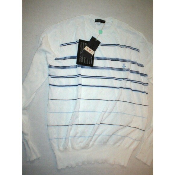 New NWT Mens L Viscose Cotton Sweater White Blue Italy Bramante Stripes Designer - Picture 1 of 5